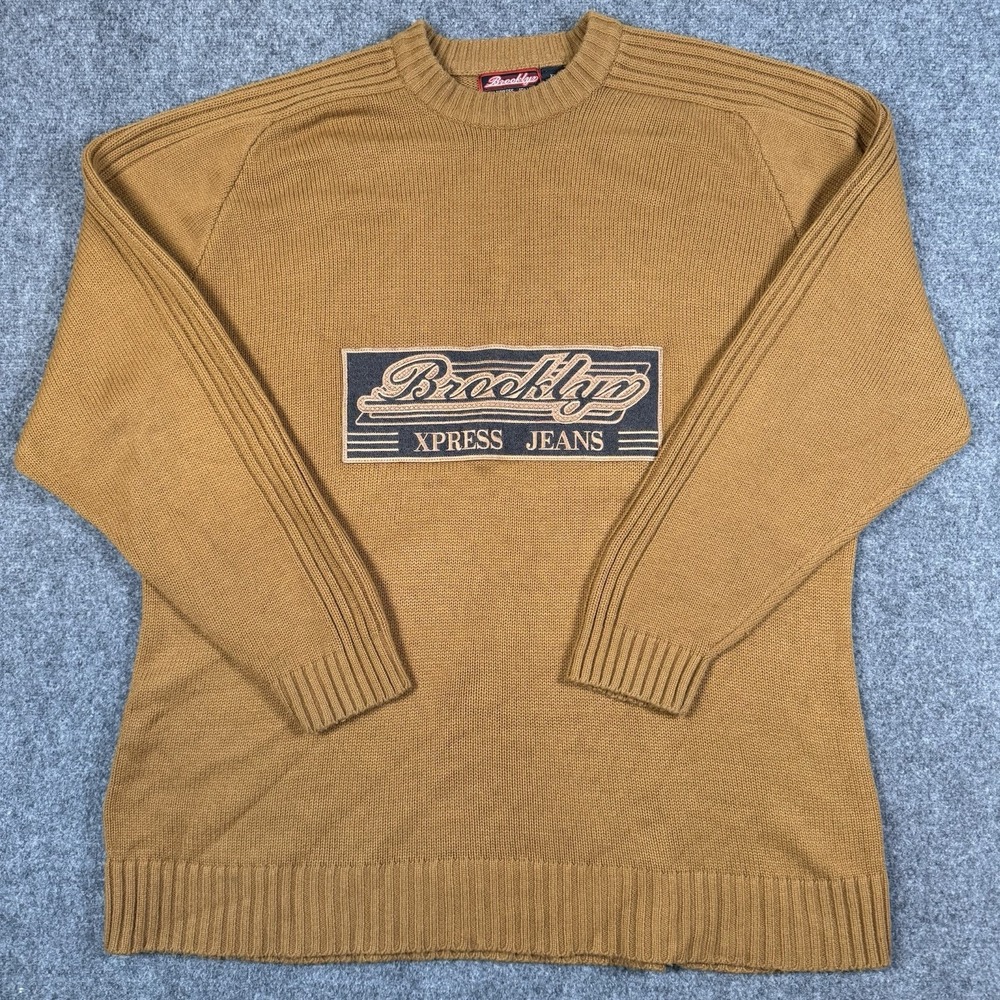 Vintage Brooklyn Xpress Jeans Sweater Mens XXL Brown Knit Y2K Hip Hop Patch